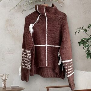 Urban Outfitters BDG Sweater Anissa Knit Tassel Turtle Funnel Neck Brown M NWT
